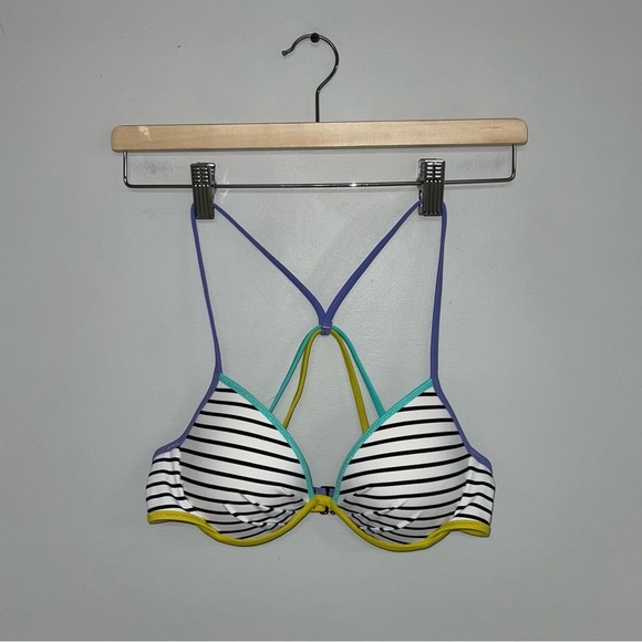 Victoria’s Secret Bikini Top Size 34B White Multicolour Striped Padded Strappy - Picture 2 of 6